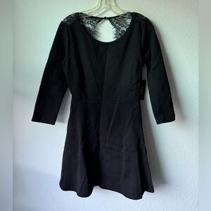 Lulus Black Lace Back Dress Fit & Flare 3/4 Sleeve Skater Dress NWT Sime Medium